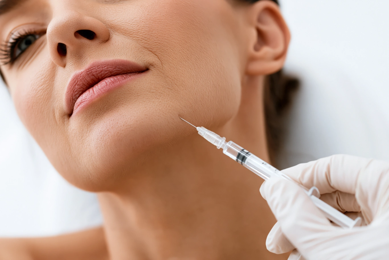 chin injection treatment Dermal filler injection being administered to a womans chin for cosmetic enhancement